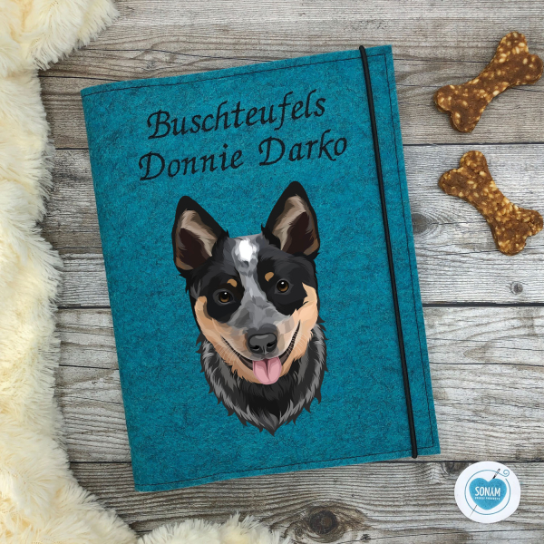 Dokumentenhülle Hund türkis meliert Designbeispiel Australian Cattle Dog Blue Heeler